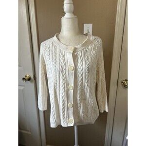 L.L Bean Womens Cardigan M Beige Cable Knit Button Front Cottage Scandi Cabin